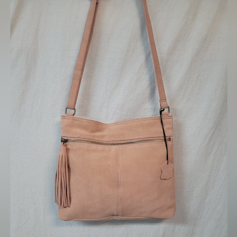 New W/o Tags MARGOT Purse Elegant Ballet Pink Suede Leather Crossbody Bag Boho